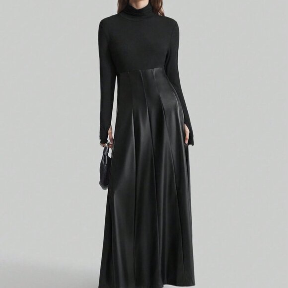 Black Elegant Women's solid upper with Faux Leather bottom Maxi Party Dress - Picture 8 of 8